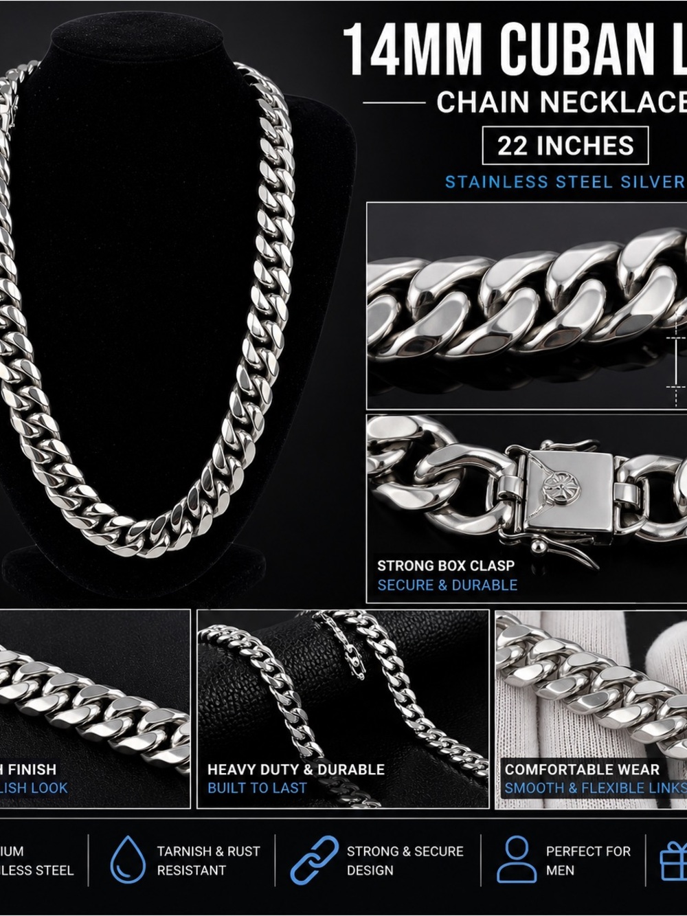 Silver 14mm Cuban Link Chain Necklace - 22" - Stainless Steel